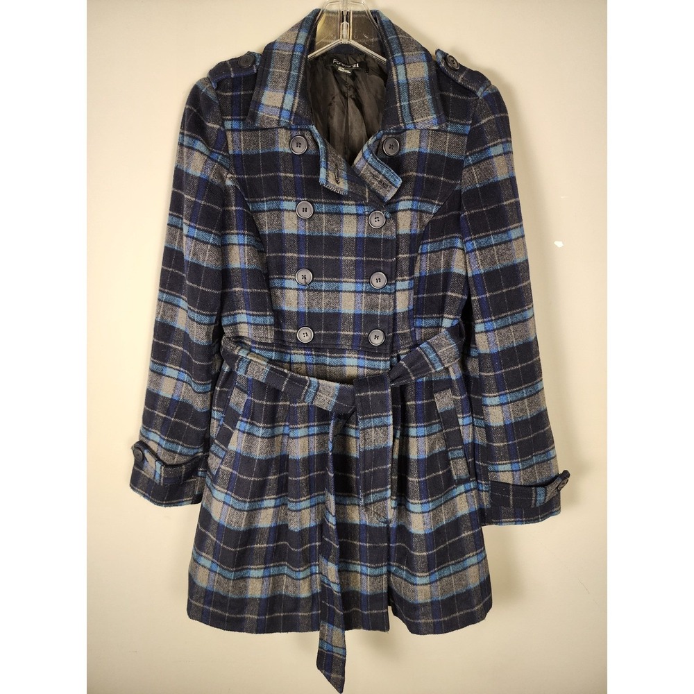 Forever 21 Women Sz M Blue Plaid Peacoat Double Breasted Belted Coat Y2K Retro